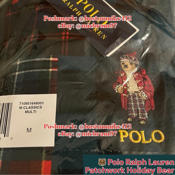 Polo by Ralph Lauren Multicolor Patchwork Hi-Pile Fleece Hoodie Holiday Bear MD - Picture 12 of 16